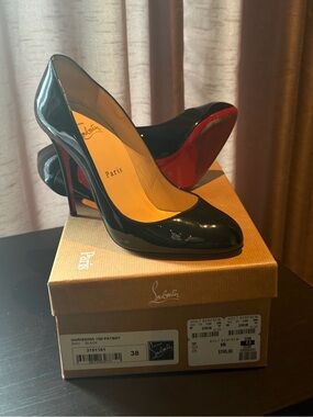 Christian Louboutin Black Patent Leather Pointed-Toe Pumps with Red Sole